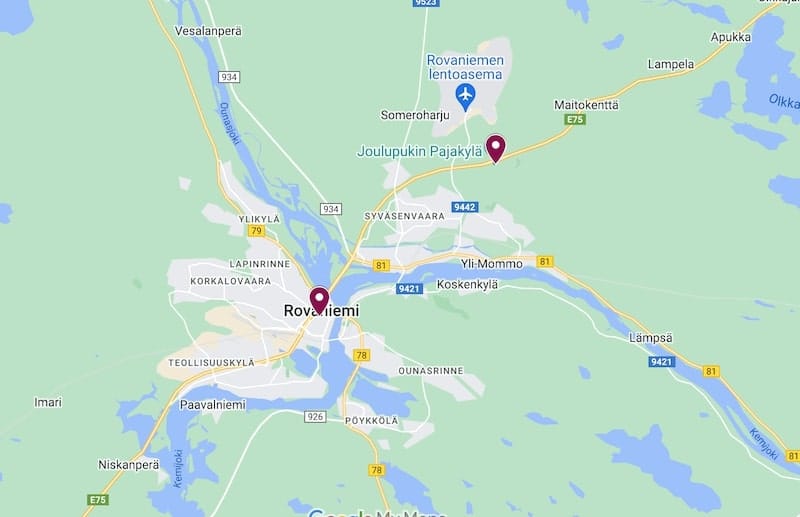 Rovaniemi and Santa Claus Village distance - full map here
